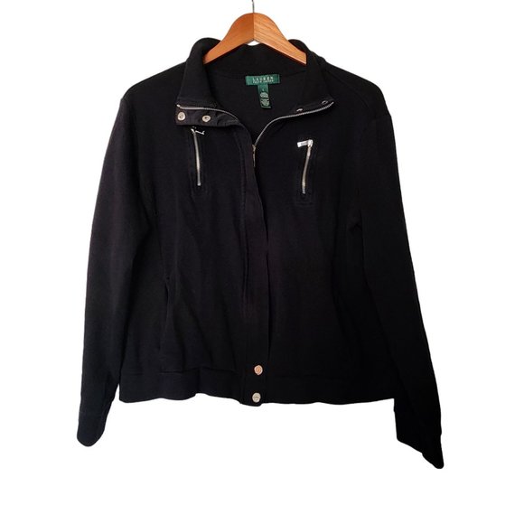 Ralph Lauren Moto Jacket Black Cotton L Large Zipper - Picture 2 of 11